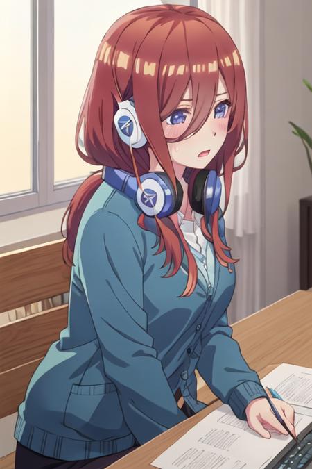 best quality, masterpiece, highres, solo, {nakano_miku_gotoubunnohanayome:1.15}, long_hair, brown_hair, bangs, hair_between_eyes, blue_eyes, headphones_around_neck, headphones, blush, closed_mouth, shiny_hair, 1girl, collared_shirt, open_mouth, shirt, sweatdrop, upper_body, white_shirt, blue_cardigan, cardigan, indoors, breasts