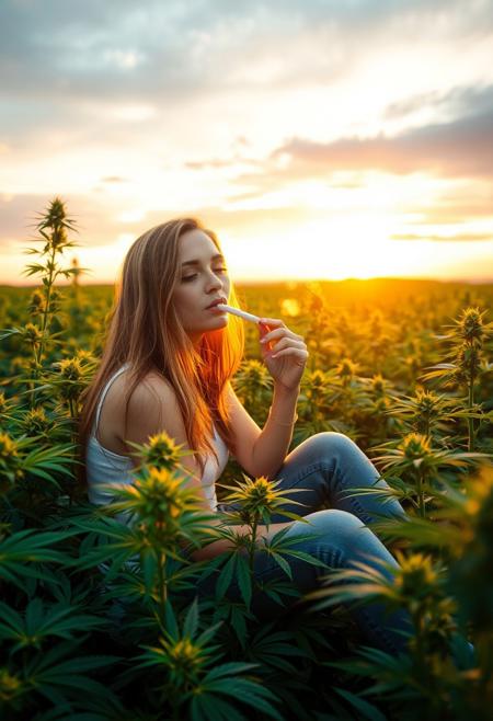vibrant cannabis field, (lush green leaves:1.4), (sunset glow:1.2) casting warm light over the plants, (detailed textures:1.5), woman sitting casually among the plants, (smoking a joint:1.3), peaceful and serene atmosphere, (natural light:1.4), wide field stretching into the distance, (colorful sky:1.2) with shades of pink and orange, (high-definition:1.6), (ultra-realistic textures:1.5), close-up details of cannabis plants, (relaxed expression:1.3), modern, laid-back aesthetic, perfect for a cannabis culture feature, chill and relaxed vibe, (overexposed:-1.4), (unnatural colors:-1.5), (blurry:-1.6), (low-resolution:-1.7), (harsh lighting:-1.5), (distorted textures:-1.6)