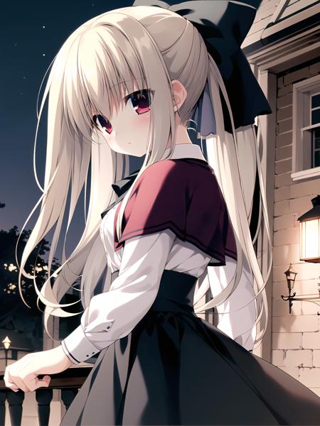 (masterpiece, best quality,highres,extremely detailed),from side,sioneden,1girl, solo, hair bow,bowtie, red capelet,long dress,standing,blush,expressionless,  outdoors,Traditional European style architecture,night,