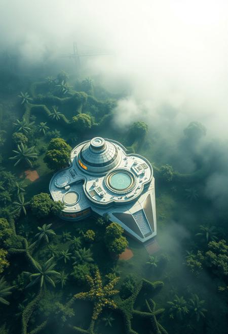 aerial view, a futuristic research complex in a bright foggy jungle, hard lighting