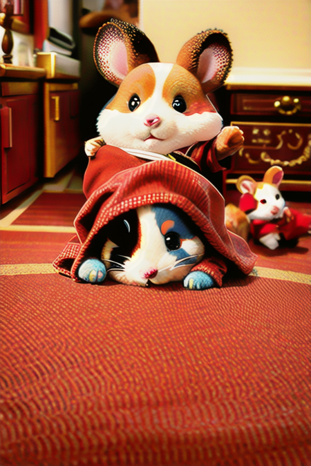 sylvanianfamilies, rabbit, husky, hamster, cute, wearing red robe, <lora:sylvanianfamilies-768x768-mix-ReVAnimated:0.5>