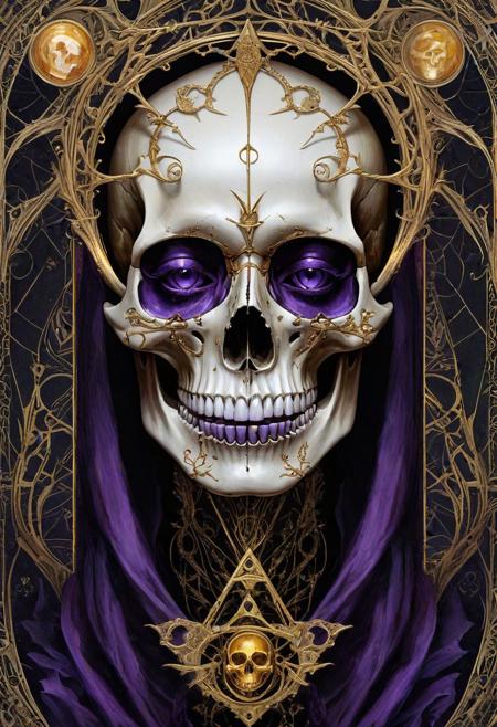 Perfect Very Detailed eyes , Glowing , Creepy Teeth, Skeletal, Amber Heard, malice, skulls, tendrils, dark atmosphere, greyscale, detailed linework, cinematic, psychedelic, black paper with vibrant amethyst line work, ornate, symmetrical, tarot card, highly detailed, ink illustration, style of peter mohrbacher, golden ratio Model: Lyriel v1. 5