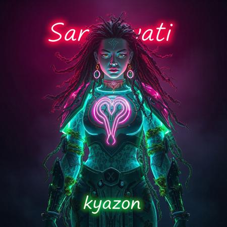 ansitions with the ethereal grace of the bioluminescent translucent fungus, Moss, and seaweed she embodies. Her body is adorned with a set of intricately crafted Bioluminescent translucent Virgo alexandrite colors zodiac armor, which casts a mesmerizing glow that outlines her form. The Virgo sign, prominent on her chest plate, pulses in vibrant neon colors, symbolizing her deep connection with the cosmos and the wisdom it holds. Her hair looks like Bioluminescent translucent roots, vines, fruit-steams, and wood Dreadlocks. Floating above her in majestic neon letters is her name, "Saraswati," illuminating the scene with an otherworldly presence. At the bottom of the picture, the word "kyōzon" is inscribed in neon colors, a subtle nod to the Japanese term for "hallucination," hinting at the surreal and fantastical nature of her existence. Her character sheet, displayed with 50 distinct and realistic fungi-based superpowers, adds a layer of depth and intrigue to her mystical aura. moody backdrop, contrasting with the vivid neon elements and emphasizing her as the focal point of the composition. The visual symphony of colors, textures, and forms come together to create a captivating portrayal of a powerful being that is both of this world and beyond it.