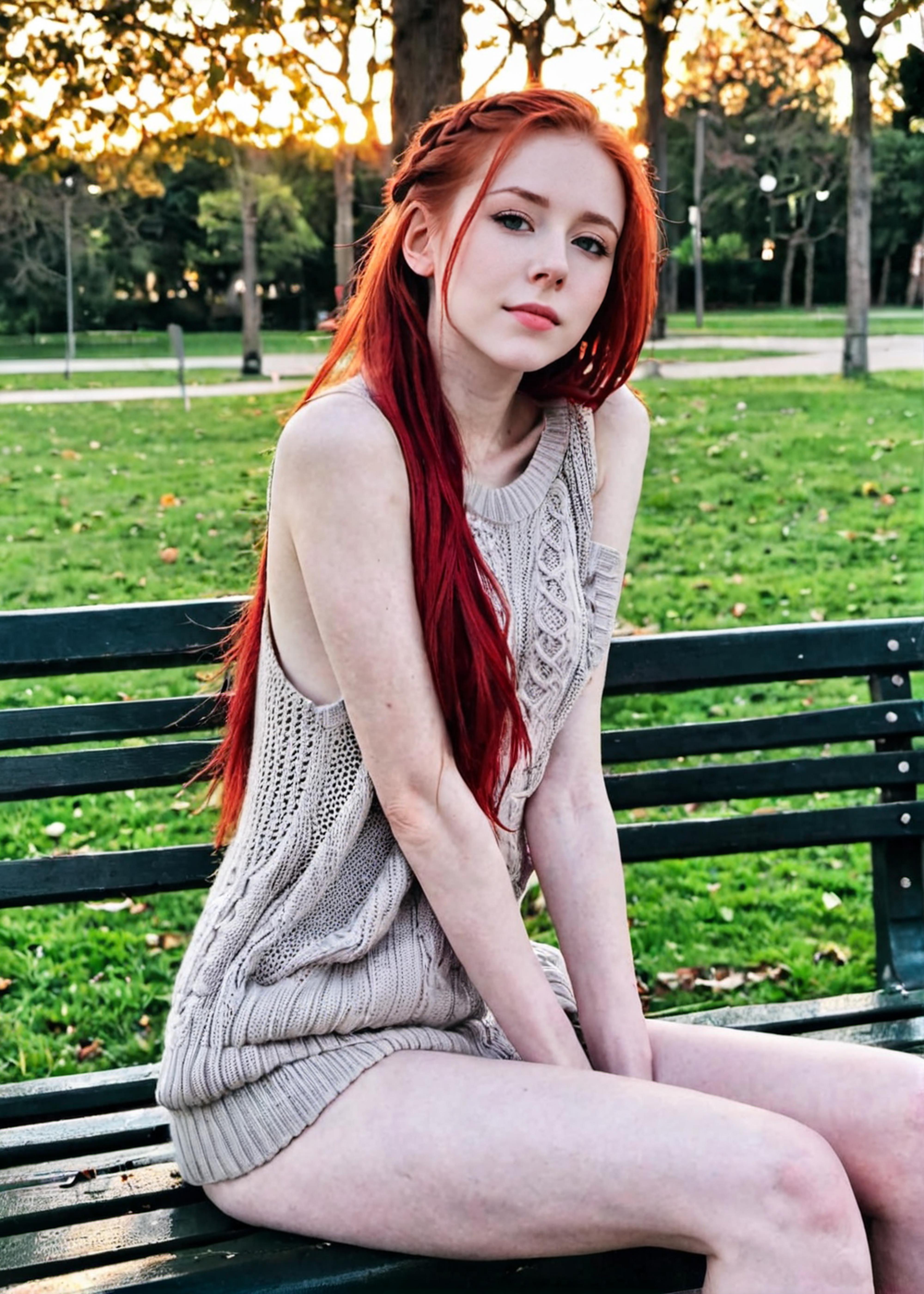 A woman with red hair sitting on a park bench.
