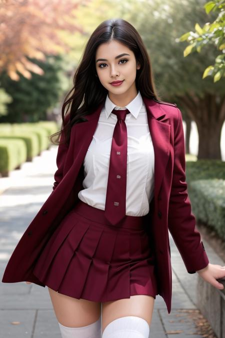 1 woman, beautiful, detailed, full body shot, scenic view
<lora:Pleated Skirt & Top By Stable Yogi:0.8> maroon pleated skirt, shirt, coat, necktie, thighhighs