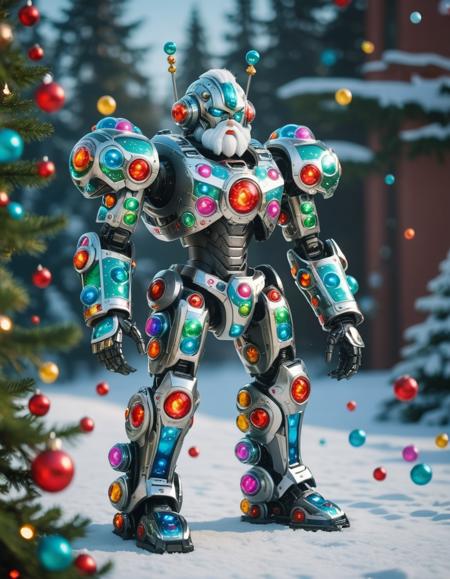 mecha humanoid android with a big white beard wearing an xmas suit, Iridescent bubbles, fleeting beauty, shimmering colors, playful atmosphere, delicate spheres., a screenshot