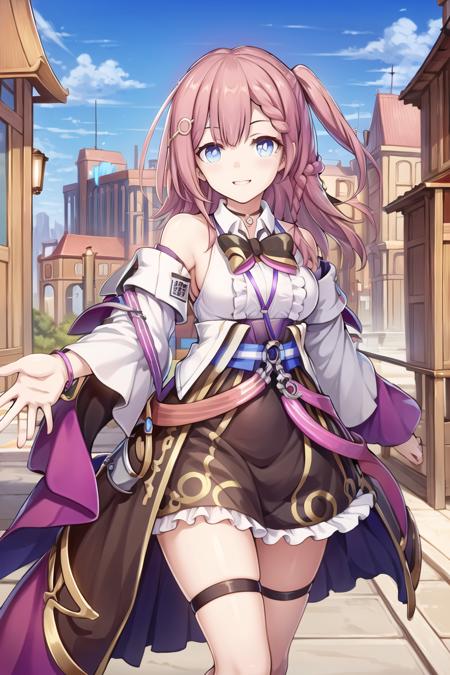 best quality,masterpiece, high res,original, beautiful detailed eyes, asta_\(star_rail\), 1girl, medium hair, hair_ornament, hairclip, choker, jewelry, bow, bowtie, jacket, off_shoulder, shirt, bare_shoulders, skirt, thigh_strap, detached_sleeves, dress, wide_sleeves, smile
<lora:asta:0.8>  <lora:AKKIJIN_2:0.5>