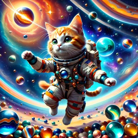 ethereal fantasy concept art of  <lora:Marbles_World_r1:1> a cat playing with marbles in a space station, cat is wearing a cute astronaut suit, floating in zero gravity, colorful marbles floating,  <lora:Meowpocalypse:0.8> meowpocalypse, no humans, cat, beautiful space . magnificent, celestial, ethereal, painterly, epic, majestic, magical, fantasy art, cover art, dreamy