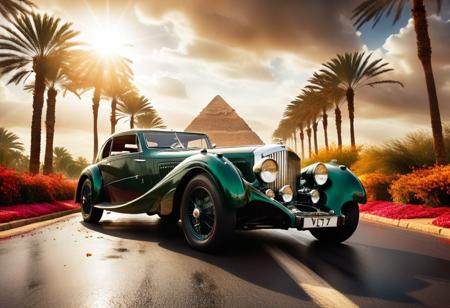 cinematic photo of Bentley Royce V12 special 1937, magnificent three pyramids of Giza appear clearly, charm, highly detailed car, Professional lighting, full of life, Lively and energetic, 8K, rays of sun flow beyond heavy clouds, HDR, Fast & Furious movie, motion blur, moving tires, Cinematic Shot, Cinematic Lighting, amazing world, pure perfection, Need For Speed, wide angle exterior background, wet asphalt road, autumn leaves, grass, flowers, jasmine flowers, palm trees, nebula horizon.