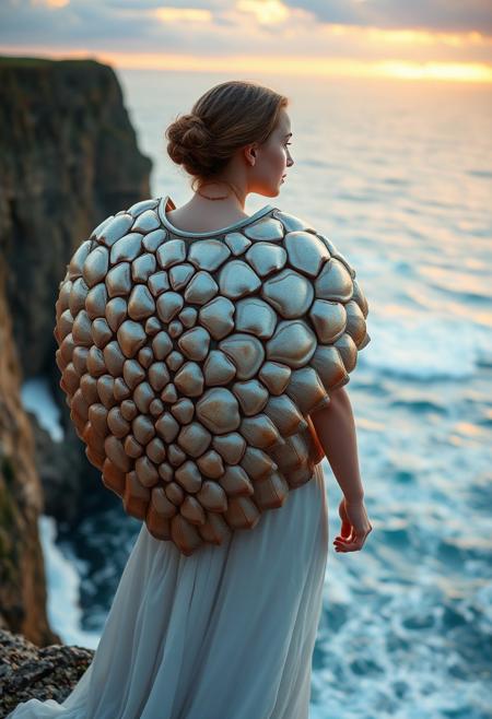 A young woman gazes out from the edge of a cliff, wearing an enormous shell breastplate that seems to have been carved by the sea itself. The shell's surface is reflective, catching the light from a distant sunset. Her gown flows like water around her legs, and the ocean below churns with powerful waves.