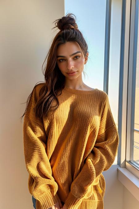 hyperrealistic photo of an edgy pinterest woman, 20 years old, wearing an oversized sweater, happy, dimples, natural look, sunny, soft lighting, emotional, grainy  <lora:EmilyRATonemoretime:1> 3mrat1o