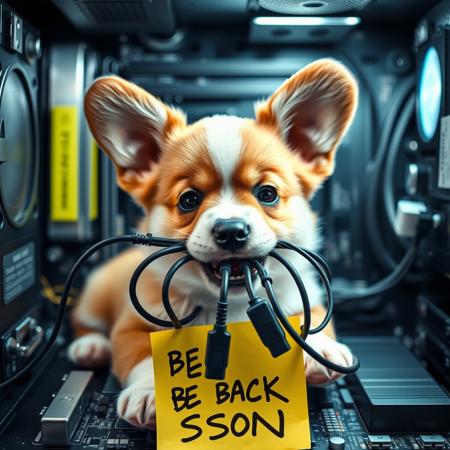semirealistic, a cute/charming corgi puppy with multiple unplugged computer cords in its mouth, inside a computer motherboard. THE message "BE BACK SOON" written on a yellow sticky note, detailed mirroring horizon, wining award digital art, hight detailed, Insane resolution. Insane details. Masterpiece. 32k resolution. casting shadow style, cucoloris patterned illumination, cinematic composition and lighting. Very detailed.