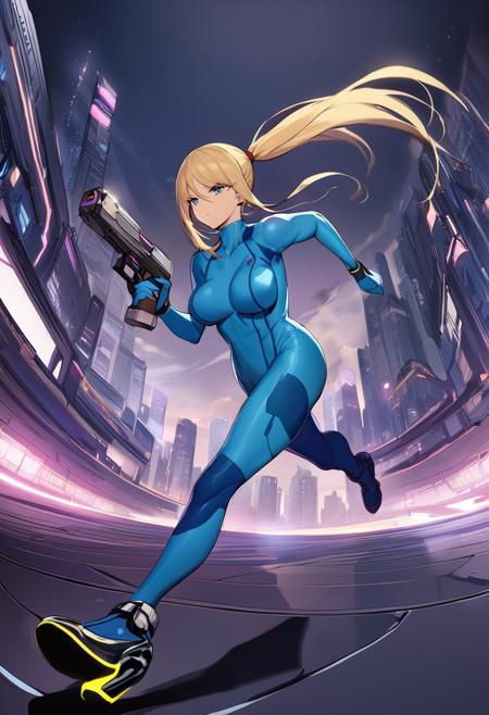 masterpiece, best quality, 1girl, stanley lau <lora:samus-xl-nvwls-v1-000007:1> defsamus, blonde hair, bodysuit, blue clothes, high heels, running, wide shot, futuristic, night, holding handgun, handgun