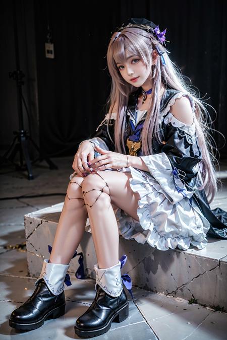 best quality, masterpiece, realistic, (photorealistic:1.4), 1girl, solo, full body, smile, herta cosplay costume, cosplay, long purple hair, doll joints, joints, ankle boots, hat, <lora:herta_cosplay_costume_v1:0.65>