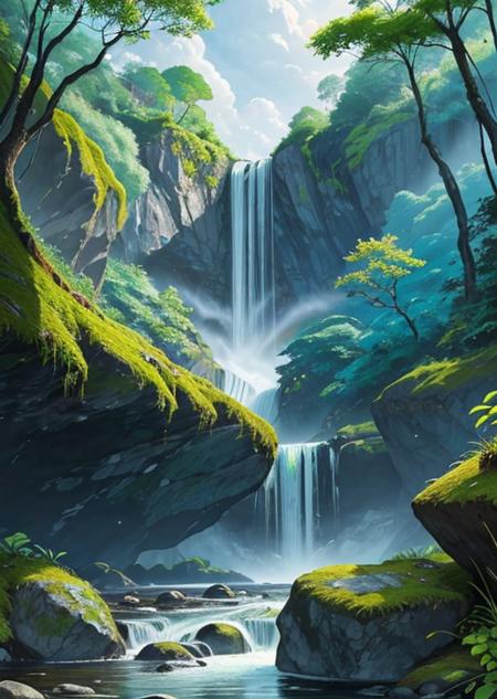 waterfall, rainbow, colorful flowers, moss, water, rocks, jungle, trees with very green leaves, very blue water,beautiful landscape, colird and tropical