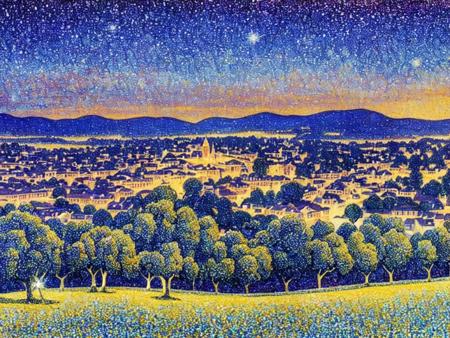 a painting of a starry night with a tree in the foreground and a city in the background with buildings and hills in the foreground, (a pointillism painting)<lora:MINT_ArtistToolLORA_v1:1.0>