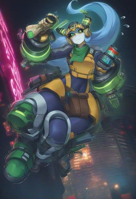 score_9,score_8_up,score_7_up,score_6_up,score_5_up,1girl, front_view,symmetrical,dark blue bodysuit,gun made of gear, curvy,source_anime,my hero academia,nejire hado,emerald green bracalets,spiral bracalets,silver gauntlets,silver boots, print blue bodysuit,sci-fi,cyberpunk,city,rooftop,skyscrapers, electric towers,floating,flying rocks,falling rocks,(soda cans), destroyed machines,cables,flying TV,multicolored silver and green (helmet),straps,print sutures,spiral horns,gold choker, holding green orb,gun case,(bullet belt),(orbs:1.4),pale skin,(green scarf),(bandana mask),(armored shoulders),armored breastplate,(neon lights),(print neon lines),(wide hips),thick thighs,thick legs,(hand signs),(perfect hands),rings,(motion lines:1.4),(sweat),(huracane),(??),(trembling lines:1.4),(flying sweatdrops:1.4),illustration,(black outline),(black sclera:1.4), masterpiece,best quality,newest,source_game,(best shadow),
highly detailed background,detailed skin,very detailed clothes