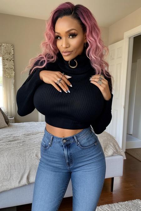 <lora:Sp1r1tu4lB1mb0_v1:0@1, 0.8@1, 1.0@0>,  photo, high resolution, high quality, black african pink hair Sp1r1tu4lB1mb0 woman in jeans and long winter sweater with collar (covering her whole body), looking at the viewer, big breasts