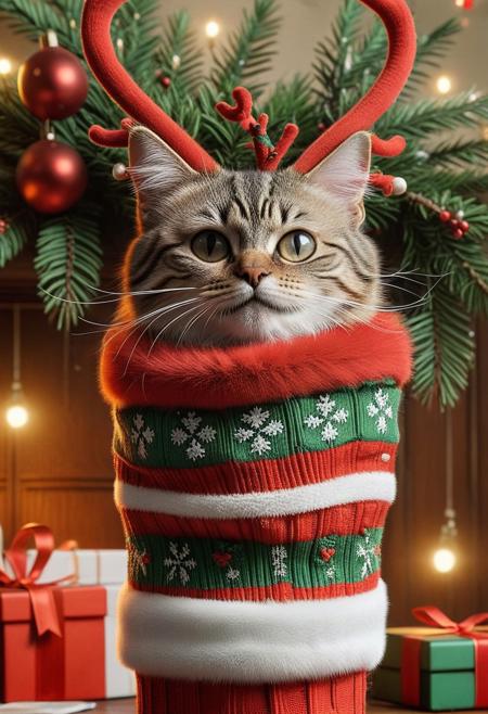 cat sticking its head out of a Christmas stocking