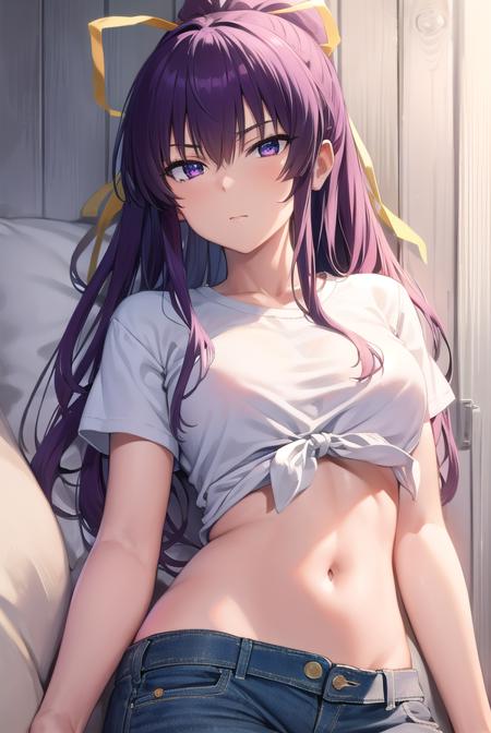 kaori kanzaki, long hair, ponytail, (purple eyes:1.1), purple hair, ribbon, hair ribbon, midriff, navel, pants, shirt, short, tied shirt, toned, torn clothes, belth, denim, short sleeves, white shirt,