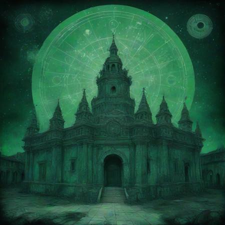 Tartaria kingdom, looking front art, realistic analog photo, cyber death metal style album cover, astrology,  (green and black color scratched grunge old paper), uplifting ambience, alcohol ink, constellation of stars, high contrast, centered, perfect composition, a ancient decorative buildings in background on sky