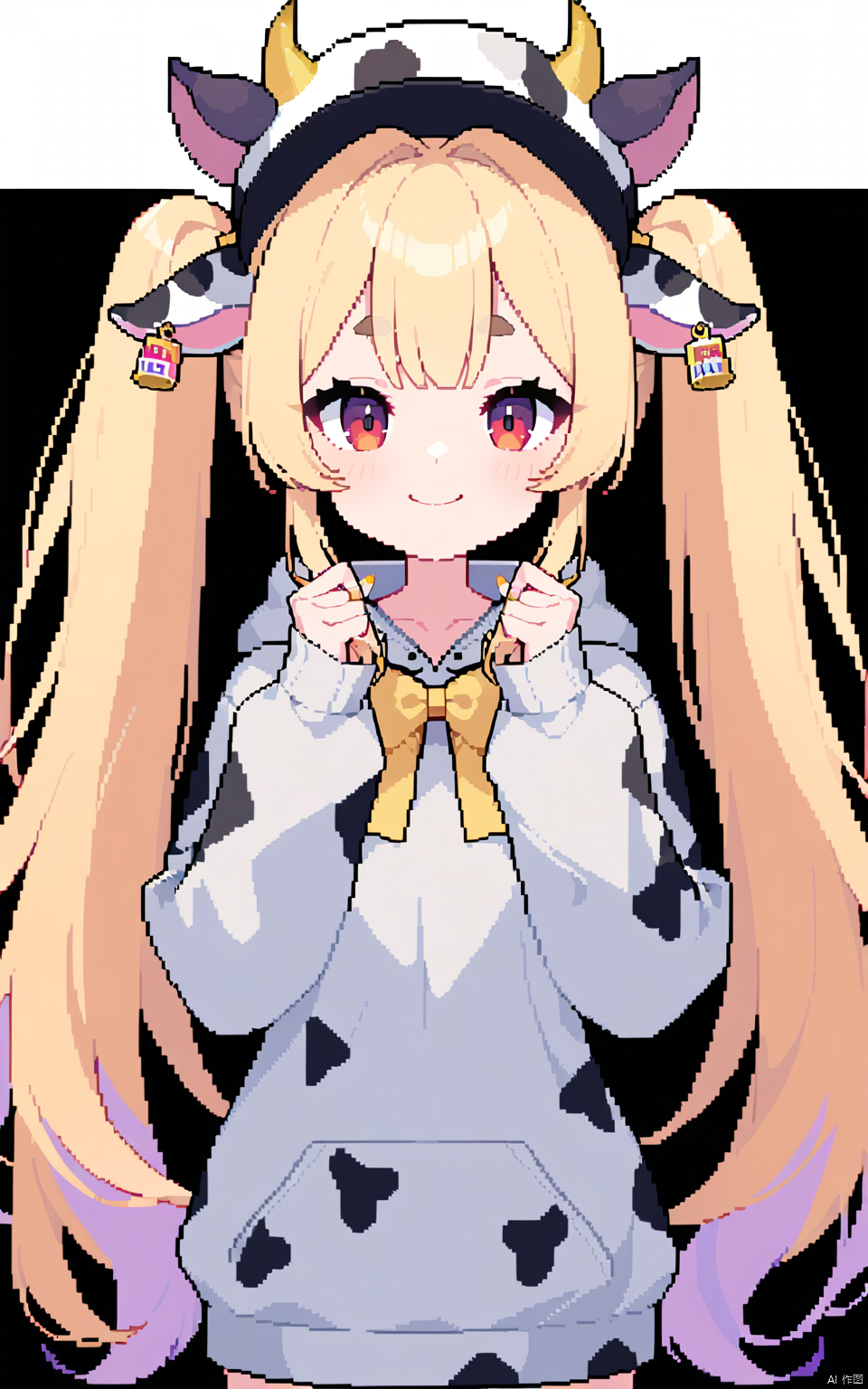 1girl, best quality, wand, grey hoodie, holding hair, virtual youtuber, horns, hands up, yellow bow, looking at viewer, ye...