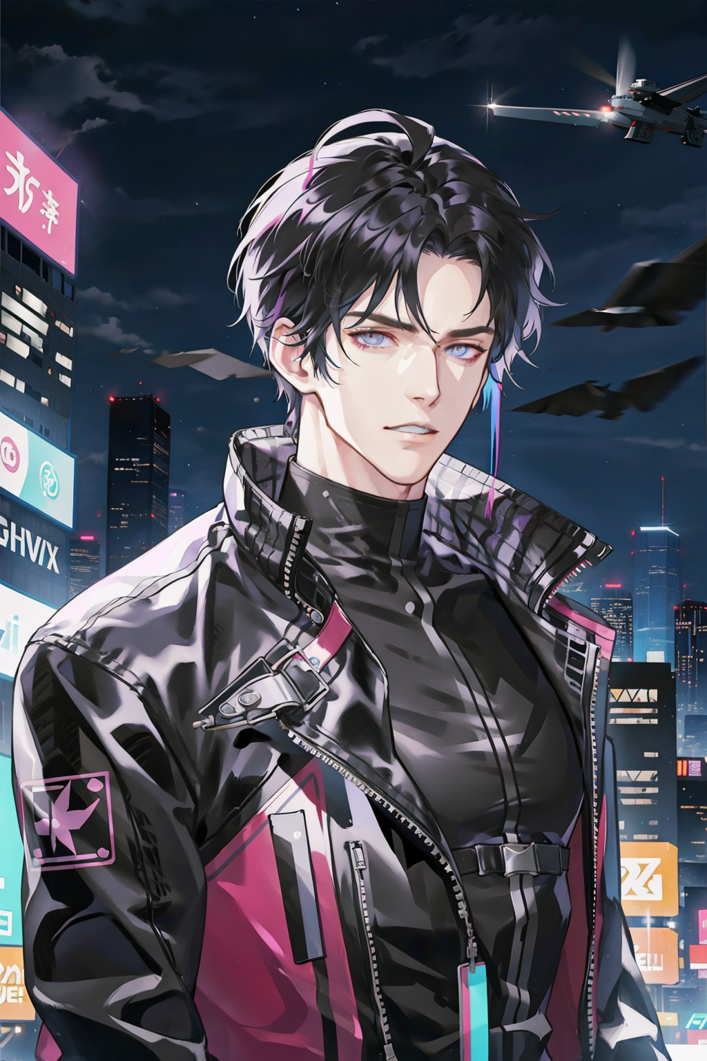 masterpiece, best quality, 1 male, handsome, tall muscular guy, Cyberpunk, motorcycle, neon hair, holographic, black jacke...