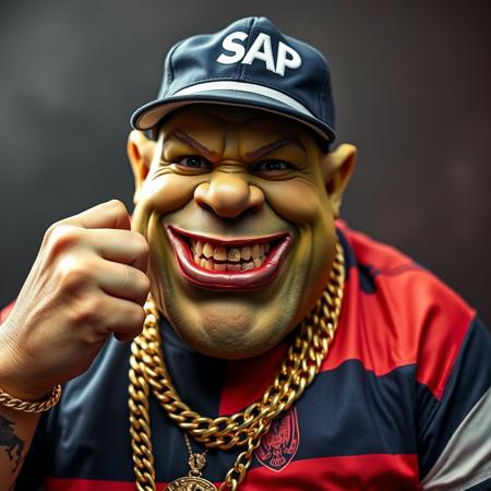 My dude fat RAP MC Shrek in gold chains with dangerous smile and gold tooth  staing in rap pose, my dude have RAP cap with SAP logo on it and he were in cool shirt with Serbian Red Blue White flage