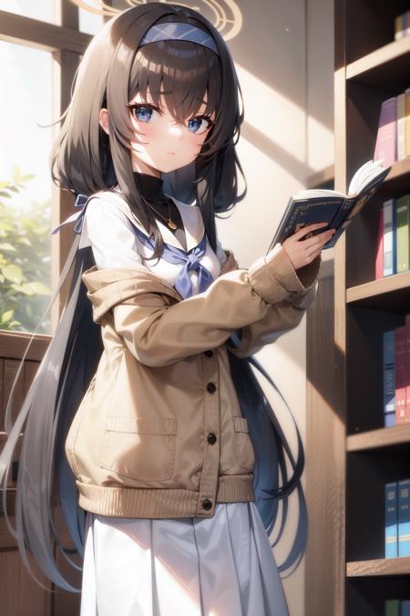 ui(blue archive), hair between eyes, black hair, hairband, quill, blue neckerchief, necklace, holding, long hair, 1girl, white serafuku, very long hair, blue eyes, school uniform, off shoulder, bookshelf, holding book, solo, neckerchief, cardigan, book, halo, skirt, serafuku, closed mouth, black undershirt, indoors, blue hairband, library, long sleeves, brown cardigan, sailor collar, white skirt, white sailor collar, bags under eyes, looking at viewer, twintails, jewelry<lora:ui:0.7>,