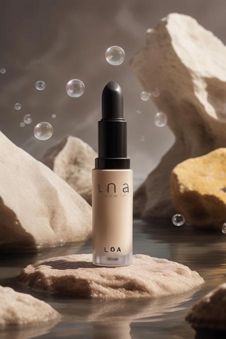 dark red lipstick, ,rock, water, reflect, no humans, depth of field, yellow background, scenery, still life (Product Photography)  <lora:Product Photography:0.85>