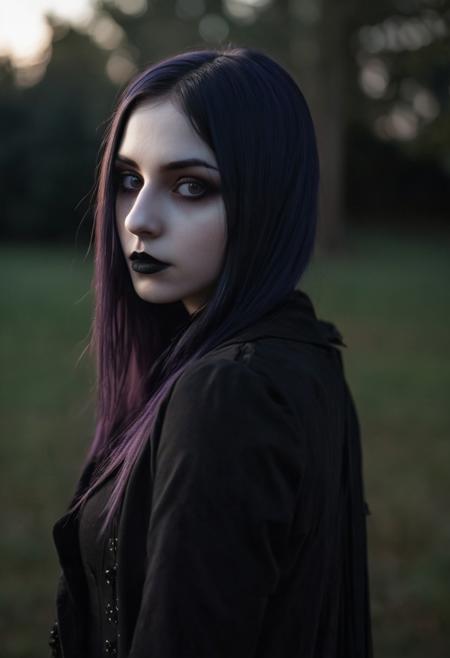 (((top-priority))), real-life, goth-girlfriend, split ambient twilight light, shallow focus, realistic shadows, ideal, vellus hairs, best image, best quality, depth of field, perfect composition, suggestive