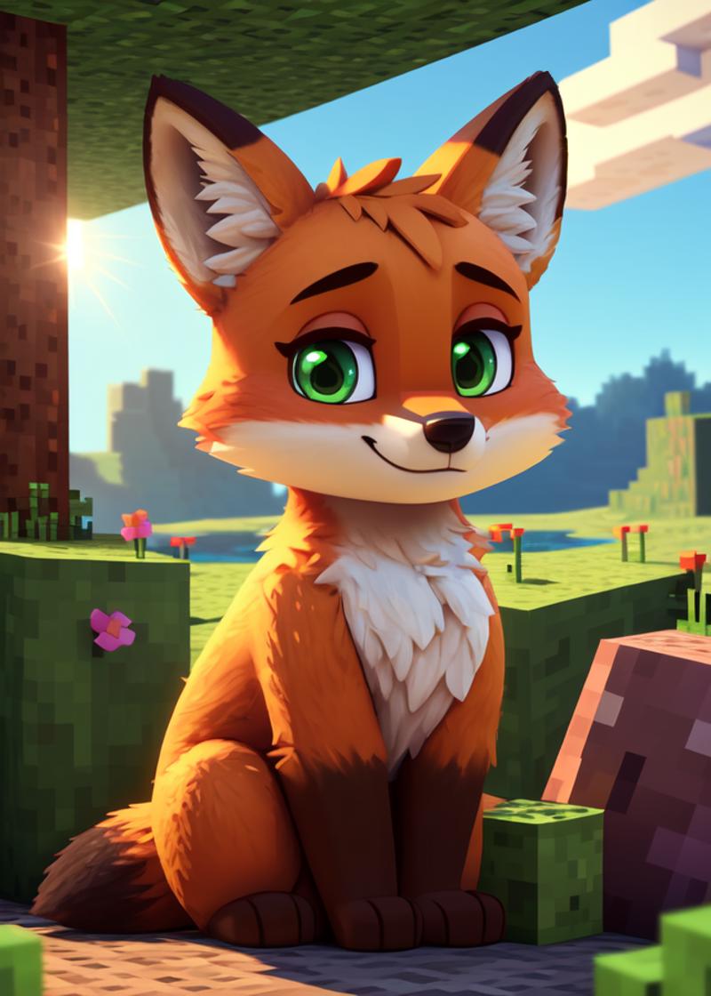 A cute, animated fox character in a grassy field.
