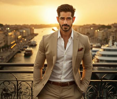 Nautical-themed (Photo:1.3) of (Ultrarealistic:1.3) <lora:Man_Men_FFashion:1> Darren Criss a man <lora:nikhil-sabharwal-Darren-Criss:0.8> in a tan suit standing on a balcony, sun behind him, inspired by Pablo Munoz Gomez, shot at golden hour, editorial photograph, midshot of a hunky, by Roman Bezpalkiv, by Artur Tarnowski, maxim sukharev, by Gabor Szikszai,Highly Detailed,(Mono Color:1.3) . Sea, ocean, ships, maritime, beach, marine life, highly detailed