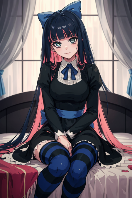 (masterpiece, best quality:1.2), stockingpsg, looking at viewer, smile, thighhighs, long sleeves, ribbon, medium breasts, sitting, closed mouth, hair bow, puffy sleeves, blunt bangs, black dress, blue bow, juliet sleeves, striped thighhighs, between legs, hand between legs, indoors, bed, bedroom