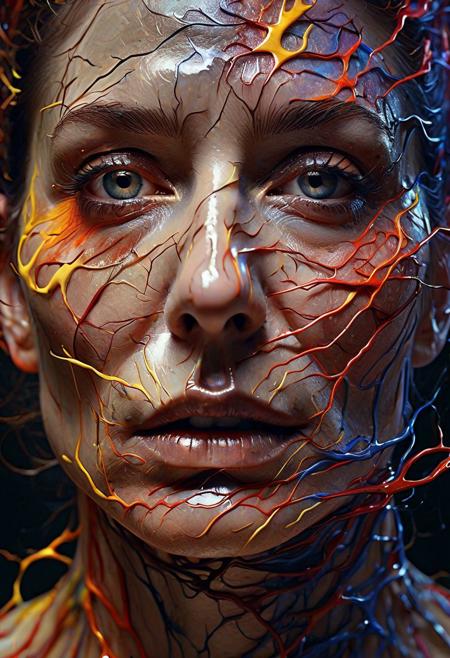 Mysterious beauty with glistening veins on skin, Close-up portrait focus, Dynamic and fluid motion expression, Color bursts across the canvas, Santiago Caruso style, Poster format, Highly detailed illustration, Radiant hues, vivid contrast, Intricate shading and linework, Cinematic lighting casting dramatic shadows, DeviantArt