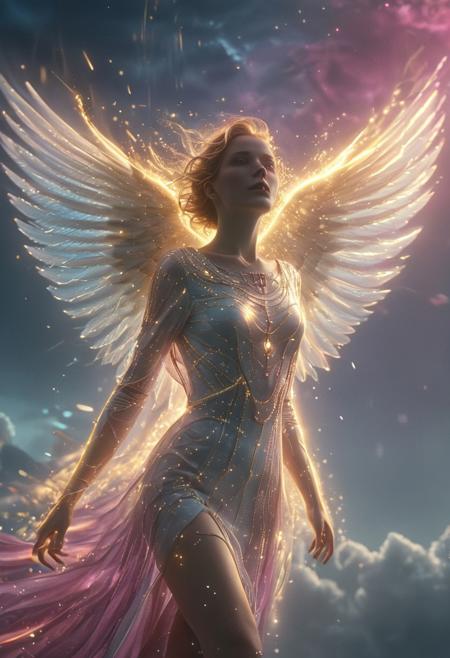 neonpunk style, (auralora:1.2), dark fantasy aesthetics, movie poster, centered composition, close-up photography by Henri Cartier Bresson. portrait, shining ( 1920s art deco theme:1.1), divine angel of the skies,  flying, birds, rainbow,  clouds in background, majestic divine atmosphere, bright light, holy aura, bloom, halo above head, divine light, white clothes, golden embroidery,filigree,  dynamic pose, . (Detailed face, detailed skin, skin texture, skin pores, (freckles:0.9)). (ethereal wisps and Sparks of ice shards, dust particles, particle system:1.4). Gritty, raw, emotional, liminal fog, shimmering light. A mesmerizing blend of light and shadows. <lora:Aurastronger_SDXL:1>, cyberpunk, vaporwave, neon, vibes, vibrant, stunningly beautiful, crisp, detailed, sleek, ultramodern, magenta highlights, dark purple shadows, high contrast, cinematic, ultra detailed, intricate, professional