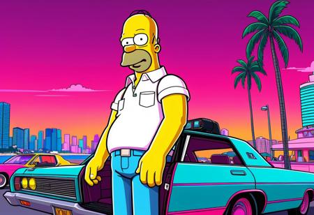 Homer simpson as a character in GTAV, vice city, neon, pastel, miami vice, flat colors, dutch angle, tilted angle, rockstar games, gta vice city, grand theft auto style, exaggerated, pop art style, vibrant colors, full body view
  <lora:add-detail-xl:1> <lora:aesthetic:1>  <lora:detailed_notrigger:1> <lora:Line Art Style SDXL_LoRA_20r_20e_8i_nr32_a16_Pony Diffusion V6 XL:1>