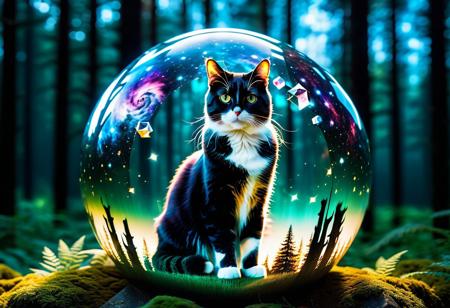 Forest Galaxy Cat. Double exposure combine Cat and galaxy cubes, double exposure style. Double Exposure style, by Thiago Bianchini, soft Cinematic Volumetric lighting, wide long shot, perfect composition, masterpiece, aesthetic, 16:9