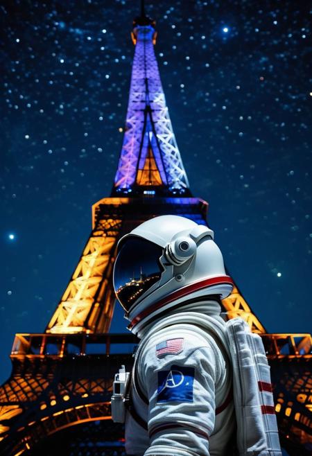 a8ng3, Ultra-HD-details, astronaut, City of paris, eifel tower behind defodaca, night, standing, full astronaut costume, helmet on head, minimalist details on clothes, blurred starry sky with illuminated eifel tower, view of astronaut in foreground, Canon 6D camera, 50mm lens