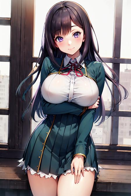 1girl, koichoco school uniform, green jacket,  huge breasts,  black hair,  medium hair, , purple eyes,  smile <lora:koichoco_locon_1_BASEOFF_1_Koichoco:1>