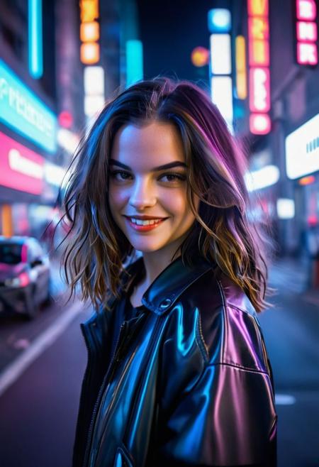 Visualize a professional, (Utopia_city:1.5), (Smile:1.5),high-resolution, mid-body portrait that brings to life the nuanced realism of a young woman with Android characteristics (with a car ((Toyota Calya)):1.0), amidst the distinct ambiance of a Utopia city. This photograph, captured with an advanced digital SLR camera, is renowned for its exceptional detail resolution and depth of field capabilities. Special attention is given to the woman's skin and eyes, aiming for an unparalleled level of realism that highlights the texture of her skin and the depth of her eyes, making them the focal points of the composition. The wide aperture setting ensures the subject is crisply in focus, with the city's neon-infused backdrop beautifully blurred, providing a contrast that accentuates the subject's features. The selection of the scene demands creativity and diversity, moving away from clichd representations to capture unique moments within the cyberpunk setting that are rich in detail and emotion. Advanced lighting techniques are employed to illuminate the skin and eyes vividly, showcasing the interplay of light and shadow that defines the contours and expressions. The aim is to create a portfolio of images that explore a variety of scenarios, expressions, and compositions, each telling its own story of the symbiosis between human and technology in a future world."8k,35mm, fflixdocphoto