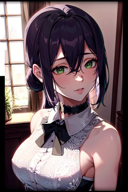 masterpiece, ((ultra detailed background, delicate pattern, intricate detail)), (highly detailed, fine details), best quality, beautiful lighting, ((medium breasts, slim girl)), Reze, 1girl, solo, green eyes, choker, hair between eyes, multicolor hair, purple hair, black hair, hair bun, short hair, white shirt, collared shirt, blush, sleeveless, ribbon, black shorts, complex detailed background, inside, castle room environment, medieval castle, gray walls, window, bookshelf, (close-up, portrait),  <lora:Reze:0.7>