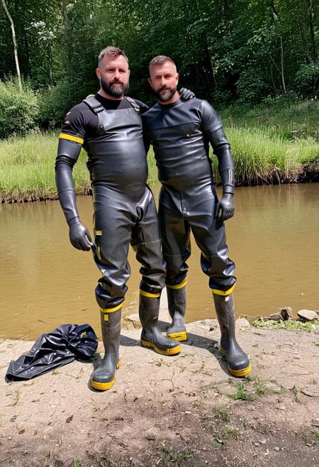 three male fisherman, next to a river, throwing the fishing rod into the water. They have a muscular body,big muscles,chubby,,shaved,young, tall,huge muscles,,  handsome,big bulge. They are wearing a black wetsuit,black rubber long gloves and black chest waders rubber boots with yellow strip. kissing, hugging,lying on the floor,DIRTY RUBBER BOOTS