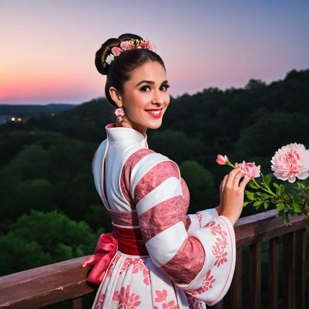 made of wagyu, a woman, asian, black hair, brown eyes, chinese clothes made of meat, meat texture, clothes made of meat, medium body shot, smiling, dress made of wagyu, earrings, meat patterns, highly detailed, photorealistic, fence, print, flower, hair bun, hair ornament, hair stick, hand up, jewelry, leaf, light skin, light smile, lipstick, long hair, long sleeves, looking at viewer, makeup, moon, night, outdoors, parted bangs, plant, railing, red lips, single hair bun, sky, sleeves past wrists, slim, solo, standing, updo, upper body, pink and white hanfu, white flower, wide sleeves,