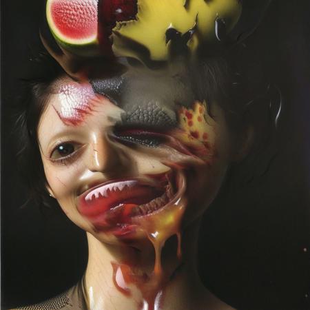 An award winning portrait photograph, a gorgeous busty bombshell brunette woman with teeth growing upon teeth and teeth, black ink facial tattoos, by Rembrandt, gravitational lensing, hoph fibration bundles distortion of features of transparent glass fruit, watermelon, apples, grapes, pears, figs, fern, flowers, flies, snakes, slugs, spiders, Leica M3, strobe flash, 3d stereoscopic color photograph, back lit, optical flow vector resolved Randomly,