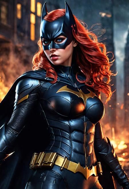 High resolution ultra-realistic of beautiful realistic  Batgirl is fighting a battle, cinematic style, standing on a bloody and stormy battlefield in a fighting pose, bloody massacre, realistic modern combat costume, black mask, red cape, perfect athletic figure, wavy red hair, handsome dirty bloody face, beautiful perfect detailed pupils, wet oily shiny skin, covered in dirt and blood, beautiful firm Breasts, defiant and seductive, sexy 20 year old girl, 8k resolution concept art portrait by Greg Rutkowski, Dark Gotham City, realistic blue eyes, full body, Artgerm, WLOP, Alphonse Mucha, dynamic lighting, hyperdetailed, intricately detailed, Splash art trending on Artstation triadic colors, Unreal Engine, 5 volumetric lighting, Cinematic Lighting, intricate, smooth, sharp focus digital painting, Asymmetrical Balance, painting, dynamic lighting