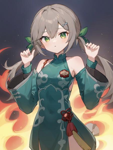 <lora:xl_qingque girl2:1>,qingque girl,grey hair,green eyes,twintails,Wearing firefighter clothing,Wearing qipao