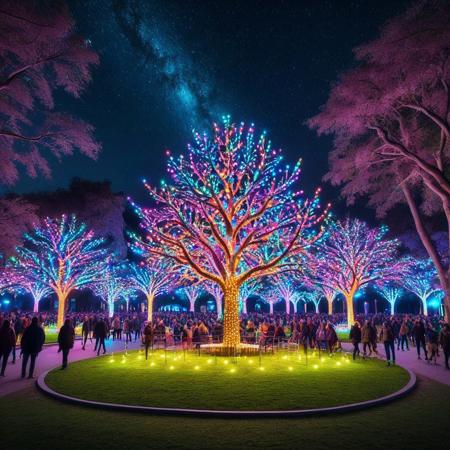 LED, colorful LED lights, trees decorated with colorful LED lights, City Park, people around the place, detailed background, detailed texture, Night sky.