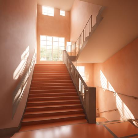 kaidan, stairs, door, indoors, scenery, tiles, hallway, window, tile floor, wall, ceiling light, shadow, realistic, photo background,
