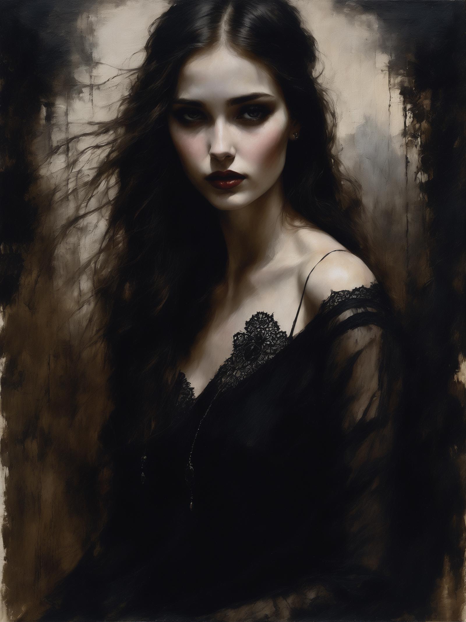 A portrait of a beautiful woman with long hair, a black dress, and a mysterious gaze.